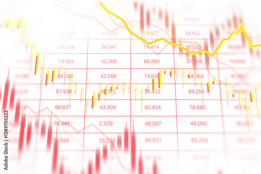 Poster Financial chart with yellow and red candlesticks and data points in sharp focus on a clean white background. Concept of market analysis and economy. 3D Rendering