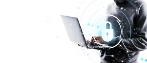 Person using laptop with digital padlock symbol overlay on light background, representing online data protection, privacy, and cybersecurity concept