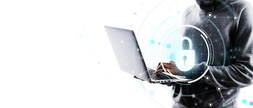 Person using laptop with digital padlock symbol overlay on light background, representing online data protection, privacy, and cybersecurity concept