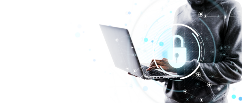 Person using laptop with digital padlock symbol overlay on light background, representing online data protection, privacy, and cybersecurity concept