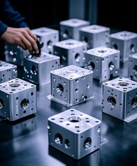 Fototapeta premium A collection of machined metal cubes displayed on a flat surface