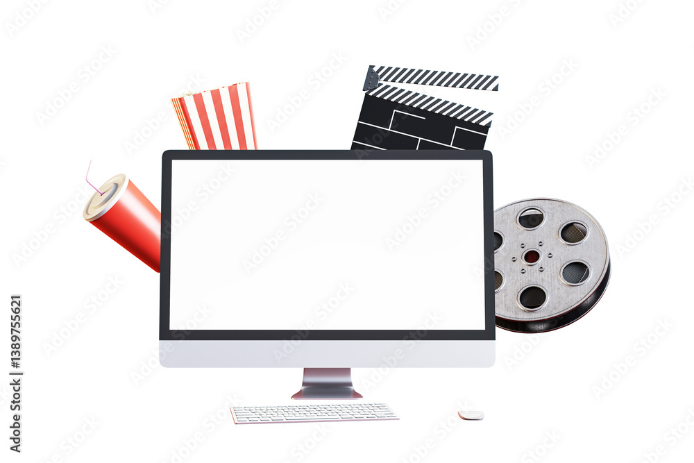Poster blank computer display mockup with soda, popcorn, clapperboard, and film reel elements on clean whit