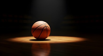 Obraz premium Basketball in Spotlight on Indoor Wooden Court