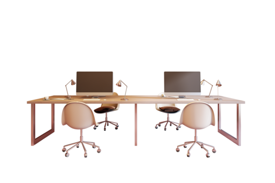 Contemporary double-sided office desk with four swivel chairs, monitors, and desk lamps, isolated on white background. Concept of modern workspace. 3D Rendering