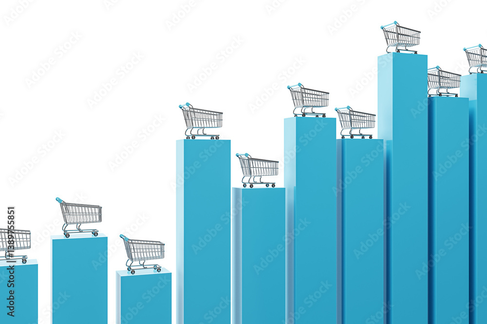 Poster multiple shopping carts on rising blue 3d columns, clean isolated layout on white background. concep