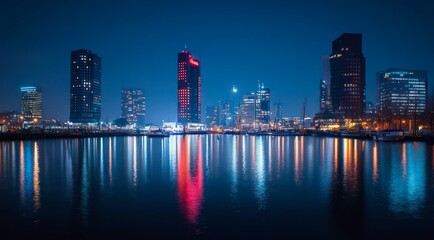 Fototapeta premium Urban skyline reflected in water during a calm night.