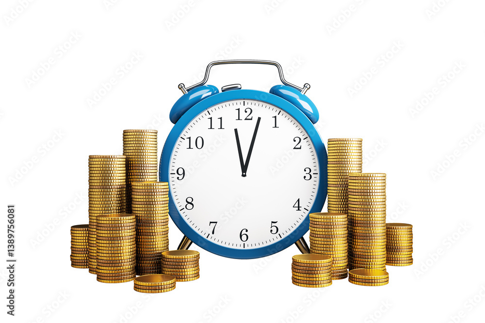 Poster blue alarm clock with black hands and numbers surrounded by stacked golden coins, isolated on white 