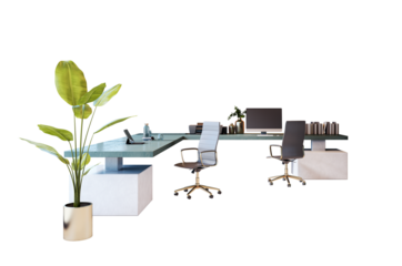 Contemporary office furniture layout with L-shaped desk, two swivel chairs, and indoor plant isolated on white background. Concept of minimal workspace. 3D Rendering