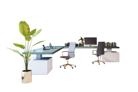 Contemporary office furniture layout with L-shaped desk, two swivel chairs, and indoor plant isolated on white background. Concept of minimal workspace. 3D Rendering
