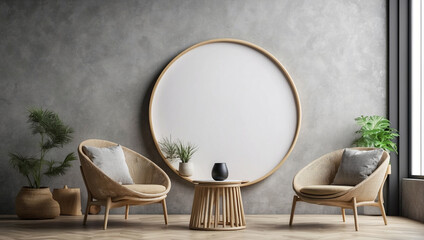 Stylish Mock-Up Poster Frame on a Round Table Ideal for Interior Design Presentations