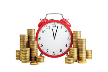 Red alarm clock with black hands surrounded by stacked gold coins, isolated on white background. Concept of savings, time, investing. 3D Rendering