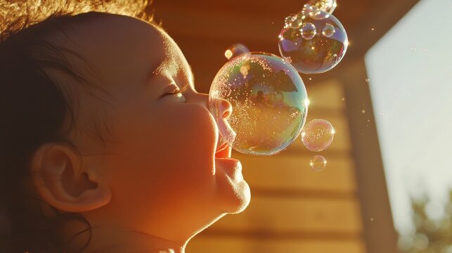 A babyâ€™s joyful facial expression as they see bubbles floating.