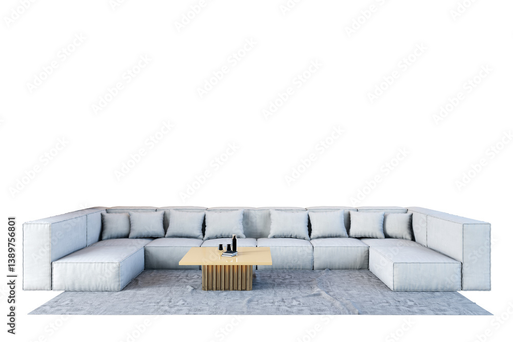 Poster Large L-shaped modular sofa with plush cushions and wooden coffee table on textured rug, isolated on white background. 3D Rendering