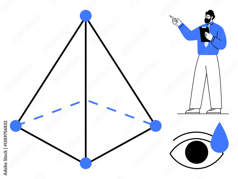 Aufkleber pyramid with connected dots and a dashed line, standing man holding tablet while pointing. illustrat