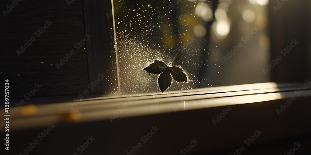 Poster sunlight illuminates a leaf floating in a dusty window light