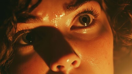 A terrified expression of a character in a suspenseful horror scene.