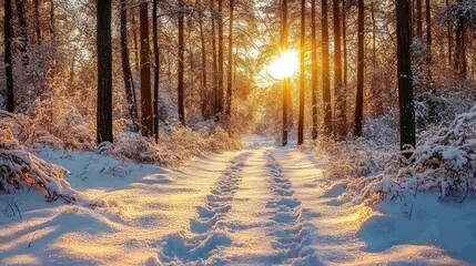 Naklejka premium Golden hour in the winter wonderland forest illuminating snow covered path