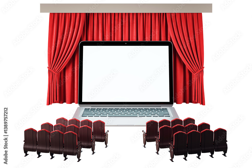 Poster laptop with blank screen framed by red stage curtains and cinema chairs on isolated white background