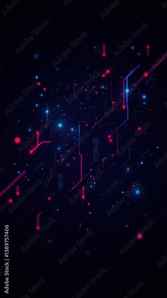 Poster cybersecurity-themed abstract design with glowing digital elements.