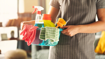 Woman holding cleaning supplies and ready cleaning