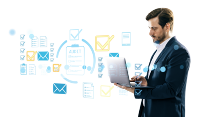 Man in suit using laptop with audit, checklist, and email icons surrounding him, in a light abstract layout on white background, symbolizing technology
