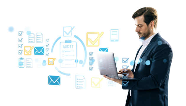 Man in suit using laptop with audit, checklist, and email icons surrounding him, in a light abstract layout on white background, symbolizing technology