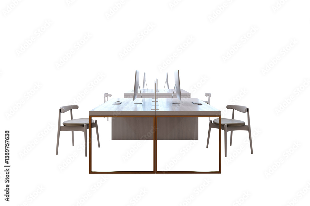 Poster office desk with monitors and chairs, modern furniture style, isolated on white background. concept 