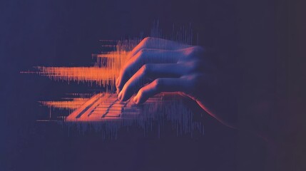 A cyberspace hacker typing on a holographic keyboard with data projections.