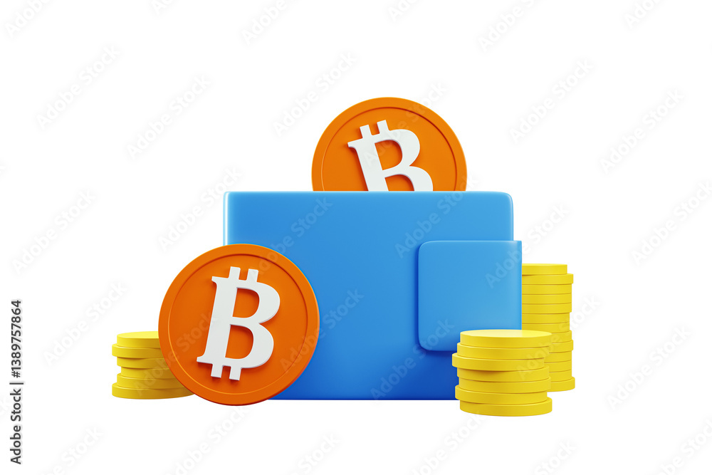 Poster Blue wallet with orange bitcoin icons and yellow coin stacks in clean 3D Rendering style on white background, concept of digital cryptocurrency