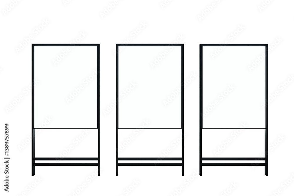 Poster three empty vertical black metal frames isolated on a white background, clean minimal layout concept