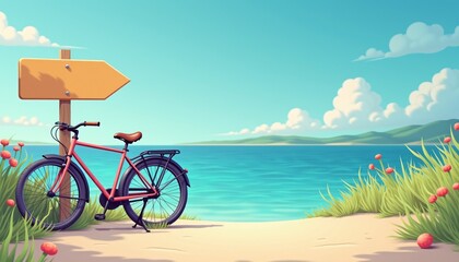 Red bicycle by the beach with a yellow signpost and flowers