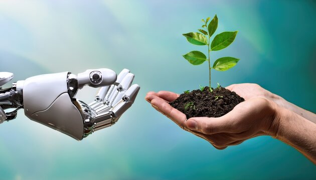 robot hand and a human hand exchanging a tree sapling, symbolizing sustainability, innovation, and harmony between nature and technology - Powered by Adobe