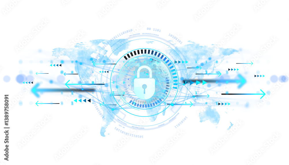 Poster Digital padlock icon at center of global world map with blue arrows and data flow elements, light futuristic tech style, white background, 3D Rendering