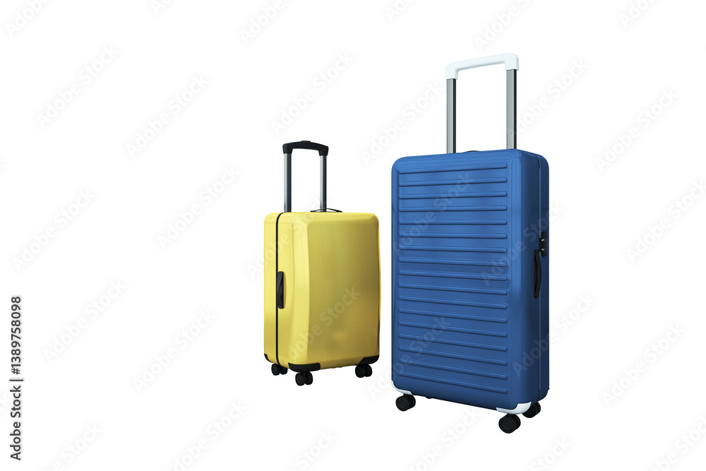 Poster yellow and blue hard-shell suitcases with extended handles and wheels, isolated on clean white backg