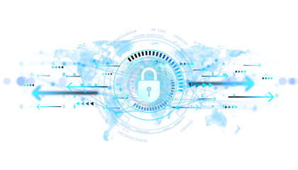 Obraz premium Digital padlock icon at center of global world map with blue arrows and data flow elements, light futuristic tech style, white background, 3D Rendering