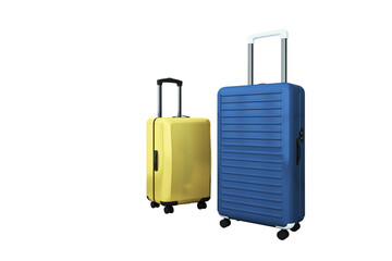 Yellow and blue hard-shell suitcases with extended handles and wheels, isolated on clean white background. 3D Rendering of travel concept