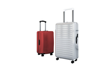 Red and silver travel suitcases with wheels and handles, isolated style on white background. Concept of luggage, vacation, transport. 3D Rendering