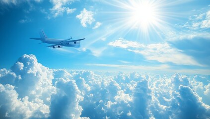 Fototapeta premium Airplane soaring above fluffy clouds, bright sunny day