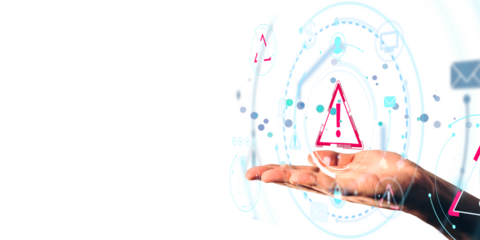 Human hand holding digital warning icon with futuristic HUD elements, light graphic style, on white background, concept of alert and cybersecurity