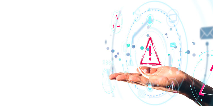 Human hand holding digital warning icon with futuristic HUD elements, light graphic style, on white background, concept of alert and cybersecurity