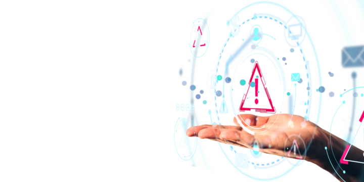 Human hand holding digital warning icon with futuristic HUD elements, light graphic style, on white background, concept of alert and cybersecurity