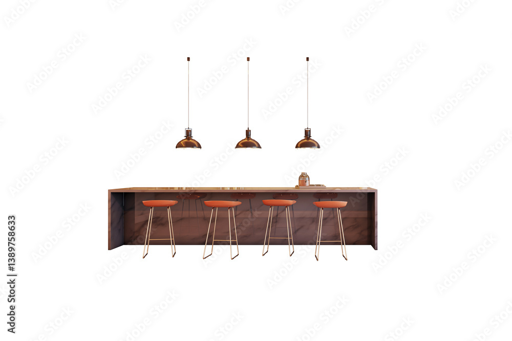 Poster kitchen island with five bar stools and three pendant lights in a modern layout, isolated on clean w