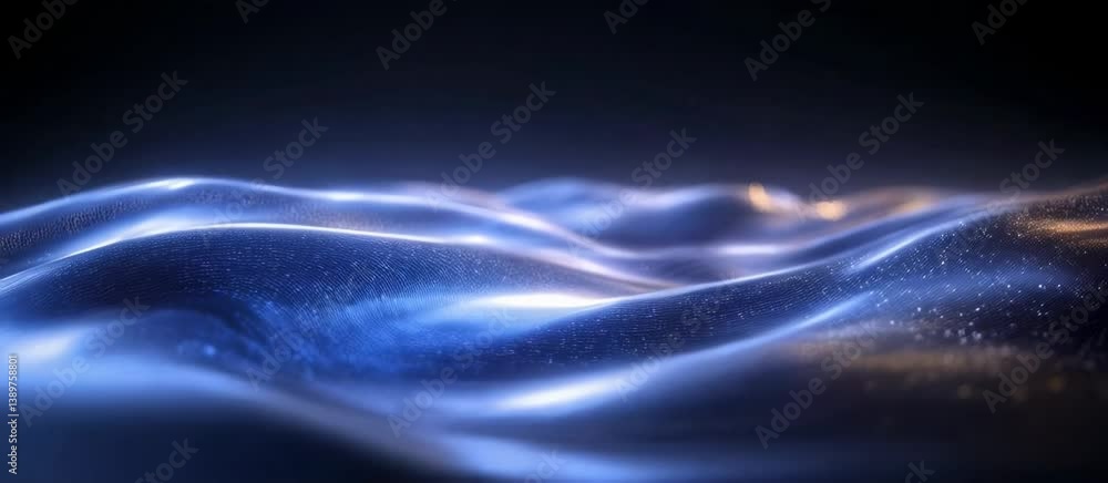 Poster mesmerizing blue waves: fluid motion of glowing abstract surfaces in dynamic light