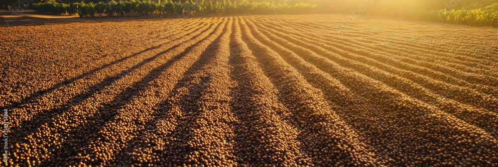 Poster Aerial view of extensive coffee drying patio with golden beans in geometric patterns under soft sunlight