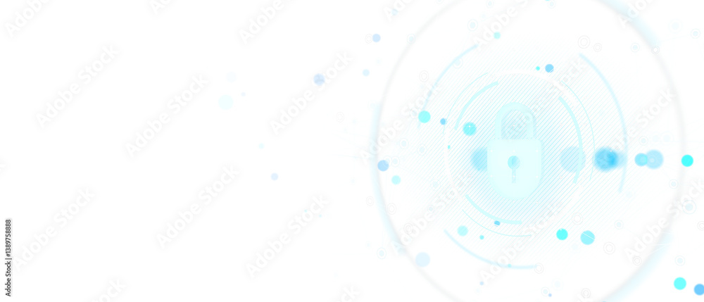 Poster Digital lock icon with circular elements and dots in light blue abstract style on clean white background, concept of online safety and data protection, 3D Rendering