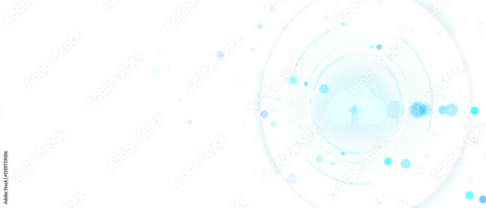 Poster blue cloud icon with upload arrow inside circular tech symbols, light abstract style on white backgr