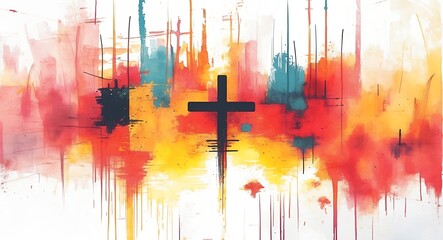 Obraz premium Abstract Cross Painting in Warm Colors Faith and Spirituality Concept