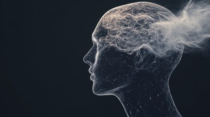 A human AI hybrid with a translucent head showing a complex digital brain.