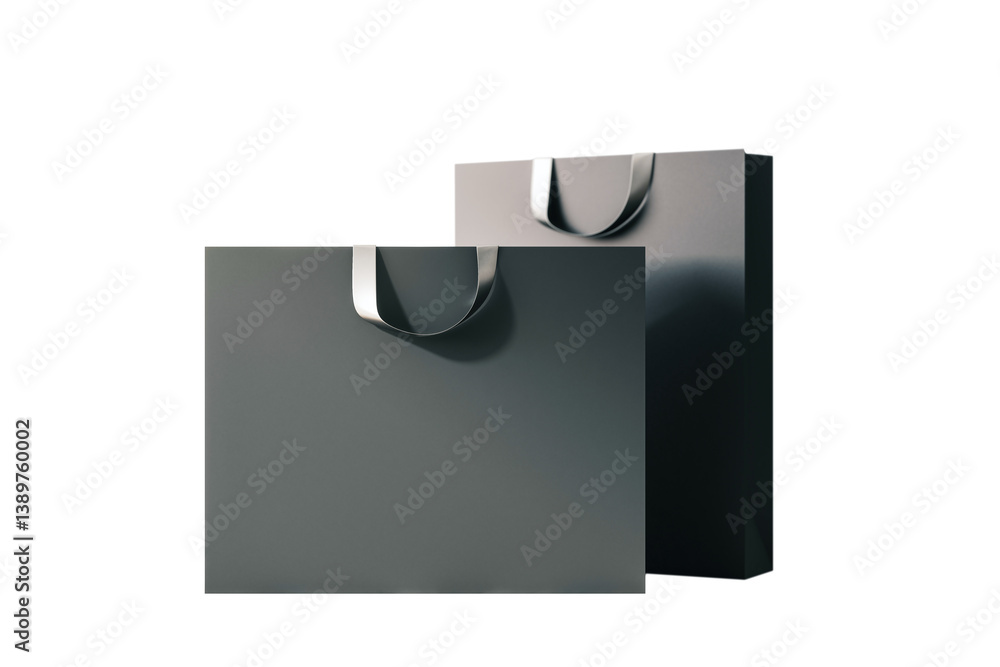 Poster two black shopping bags with silver handles isolated on a clean white background, empty and blank fo