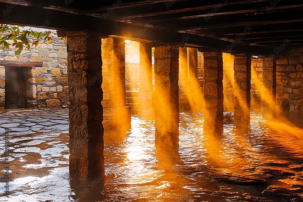 Poster sunlight beams through columns in serene stone archway setting